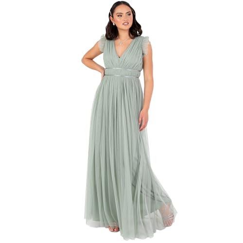 Anaya with Love Women's Maxi Ladies Cap Sleeve V-Neck Satin Detail Tulle A-line Bridesmaid Wedding Guest Occasion Prom Ball Gown Dress, Frosty Green, 40 von Anaya with Love