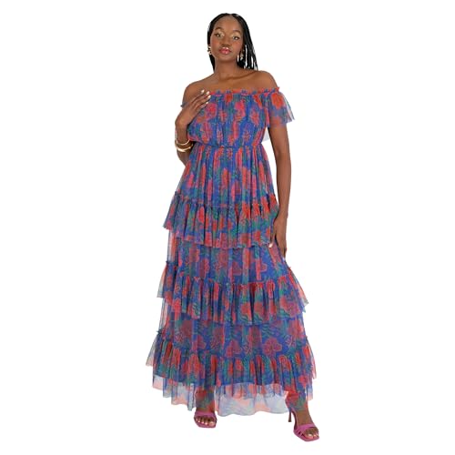 Anaya with Love Women's Maxi Ladies Off Shoulder Bardot Neckline Tiered Ruffle Tulle Tropical Floral Print Wedding Guest Prom Dress, Cobalt Blue, 32 von Anaya with Love