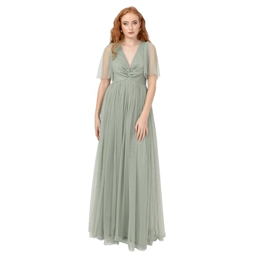 Anaya with Love Women's Maxi Ladies Short Flutter Sleeve V-Neck Twist Front Empire A-line Tulle Bridesmaid Wedding Guest Prom Dress, Frosty Green, 50 von Anaya with Love