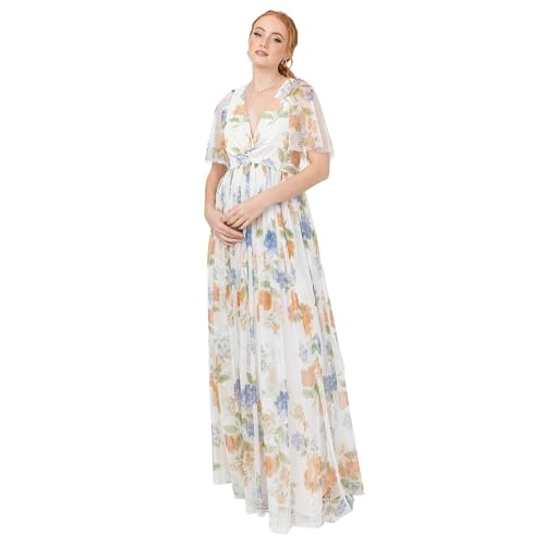 Anaya with Love Women's Maxi Ladies Short Flutter Sleeve V-Neck Twist Front Empire A-line Tulle Bridesmaid Wedding Guest Prom Dress, Ivory Floral Print, 40 von Anaya with Love