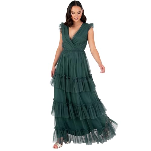 Anaya with Love Women's Maxi Ladies Short Sleeve V-Neck Wrap Tiered Ruffle Tulle A-line Wedding Guest Bridesmaid Prom Ball Gown Dress, Emerald Green, 36 von Anaya with Love