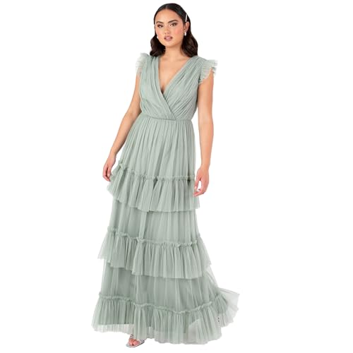 Anaya with Love Damen Women's Maxi Ladies Short Sleeve V-Neck Wrap Tiered Ruffle Tulle A-line Wedding Guest Bridesmaid Prom Ball Gown Dress, Frosty Green, 44 EU von Anaya with Love