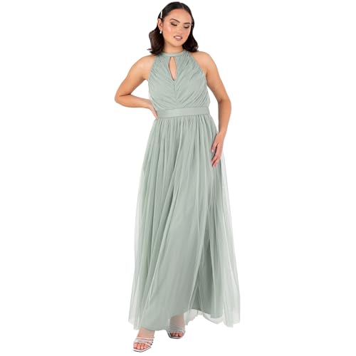 Anaya with Love Women's Maxi Ladies Sleeveless Halterneck Keyhole Sash Tie Belt Tulle A-line Bridesmaid Wedding Guest Prom Evening Dress, Frosty Green, 46 von Anaya with Love