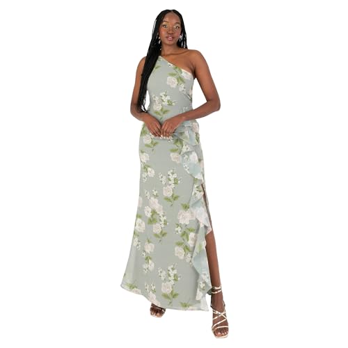 Anaya with Love Damen Women's Maxi Ladies Sleeveless One-Shoulder Asymmetric Split Waterfall Ruffle A-line Bridesmaid Wedding Guest Prom Dress, Sage Green Floral, 38 EU von Anaya with Love
