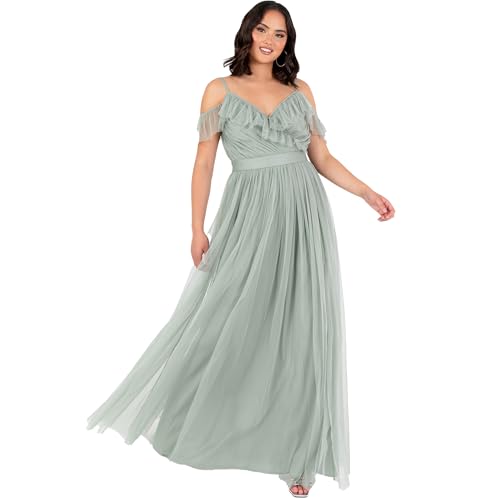 Anaya with Love Damen Women's Maxi Ladies Sleeveless V-Neck Cold Shoulder Tulle Sash Tie Belt A-line Bridesmaid Wedding Guest Ball Gown Dress, Frosty Green, 44 EU von Anaya with Love