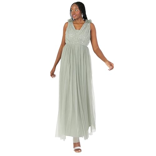 Anaya with Love Women's Maxi Ladies Sleeveless V-Neck Sequin Embellished Tulle Ruffle Shoulder A-line Bridesmaid Prom Ball Gown Dress, Frosty Green, 34 von Anaya with Love