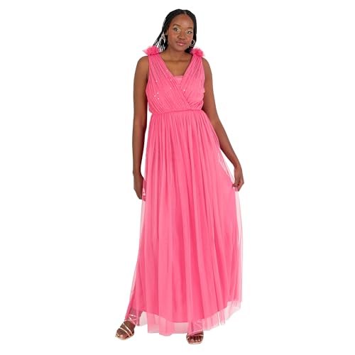 Anaya with Love Women's Maxi Ladies Sleeveless V-Neck Sequin Embellished Tulle Ruffle Shoulder A-line Bridesmaid Prom Ball Gown Dress, Hot Pink, 42 von Anaya with Love