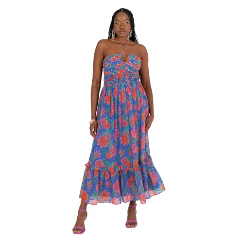 Anaya with Love Women's Midaxi Ladies Halter Neck Sleeveless Floral Print Sequin Embellished Ruffle Shirred Back Chiffon A-line Dress, Cobalt Blue, 38 von Anaya with Love