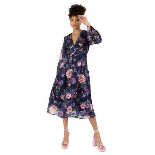 Anaya with Love Women's Midi Dress Ladies Long Sleeves V-Neck Floral Print A-line for Wedding Guest Evening Occasion Party, Navy, 36 von Anaya with Love