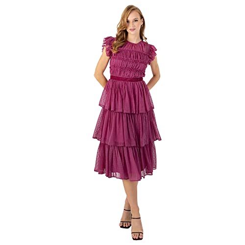 Womens Pink Midi Dress for Ladies Sleeveless Short Sleeve with Frilly Tiered Ruffle for Wedding Guest Prom Evening Gown Size 42 von Anaya with Love