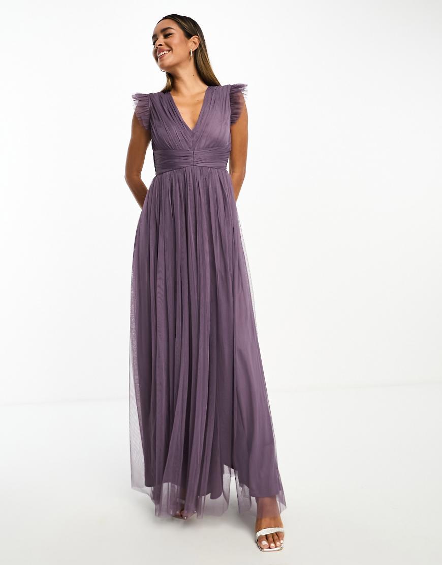 Anaya - Bridesmaid - Maxi-Brautjungfernkleid aus Tüll in Lila mit tiefem Ausschnitt und hohem Schlitz von Anaya