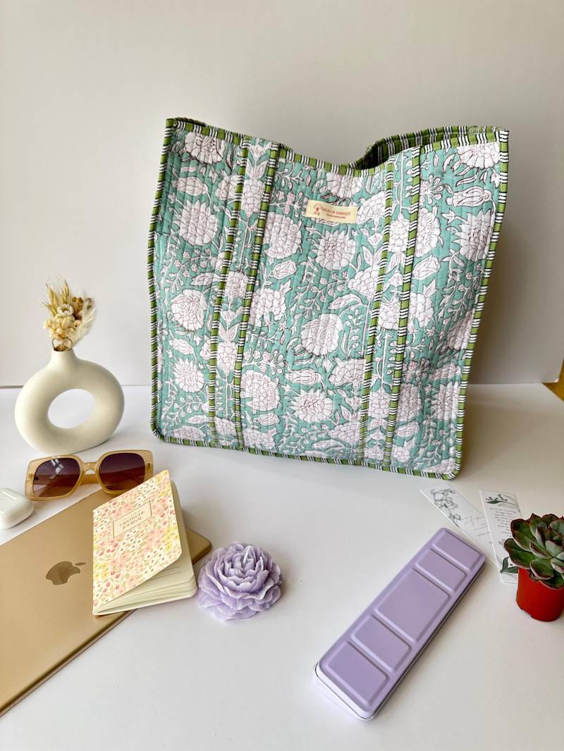 Baumwoll-Einkaufstasche Mit Blumen-Block-Print Gesteppte Einkaufstasche Baumwoll-Einkaufstasche Mit Blumen-Block-Print Gesteppte Einkaufstasche von AnayasAtelier