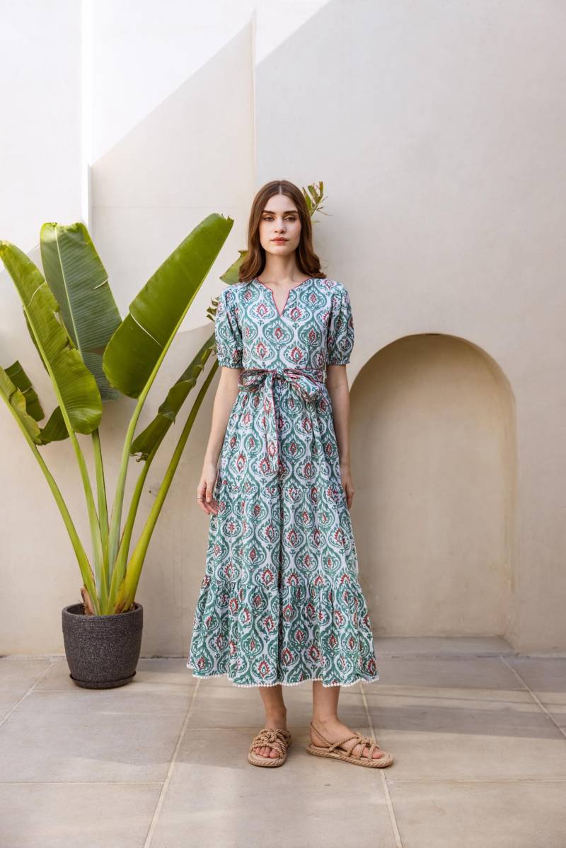 Handbedrucktes Maxikleid Aus Bio-Baumwolle Teal Grünes Sommerkleid von AnayasAtelier