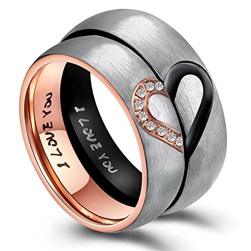 ANAZOZ Ringe Paar Edelstahl, Ringe Rotgold Damen Größe 58 (18.5) Halbes Herz mit Gravur I Love You von ANAZOZ