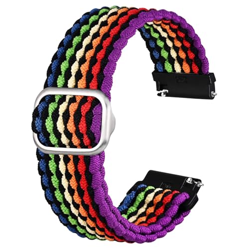 Anbeer 20mm geflochtenes Nylon Solo Loop Uhrenarmband, dehnbares Schnellverschluss Ersatzarmband mit verstellbarer Schnalle, schwarz regenbogenfarben mit silberner Schnalle von Anbeer