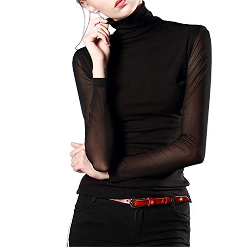 Anbenser Damen Rollkragen Top Langarm Slim Fit Shirts Mesh Sheer Durchsichtig Casual Bluse, schwarz, Groß von Anbenser