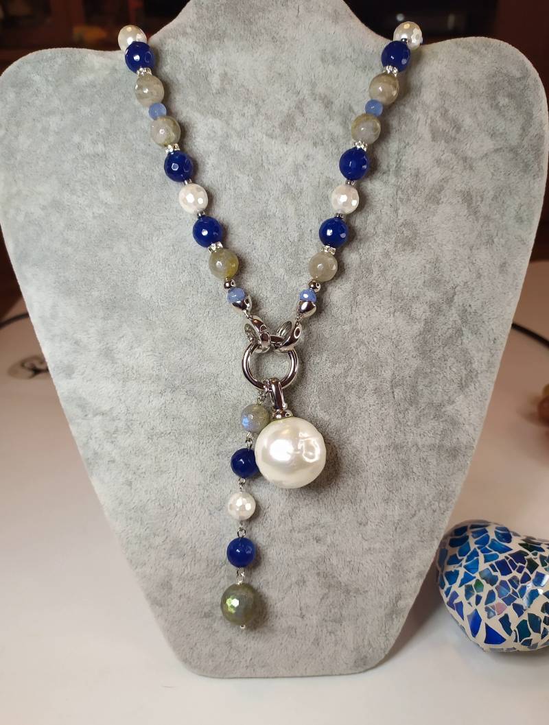 Blaue Und Weiße Halskette, Labradorit Halskette Perle, Perlen Blaue Stein Transformator Schmucksatz, Geschenk von Anbissu