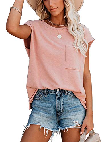 ANCAPELION Damen Casual T-Shirt Kurzarm Sommer Tops Lose Oberteile Rundhals Basic Bluse mit Tasche Einfarbig Rosa XL von ANCAPELION
