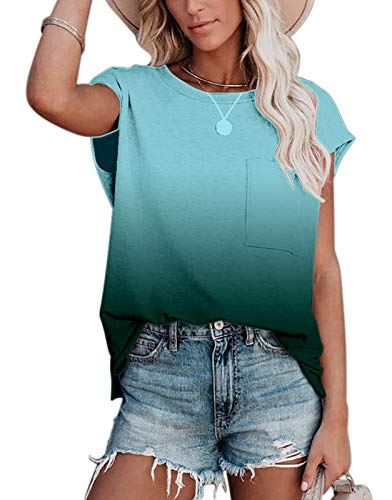 ANCAPELION Damen Casual T-Shirt Kurzarm Sommer Tops Lose Oberteile Rundhals Basic Bluse mit Tasche Gradient Grün S von ANCAPELION