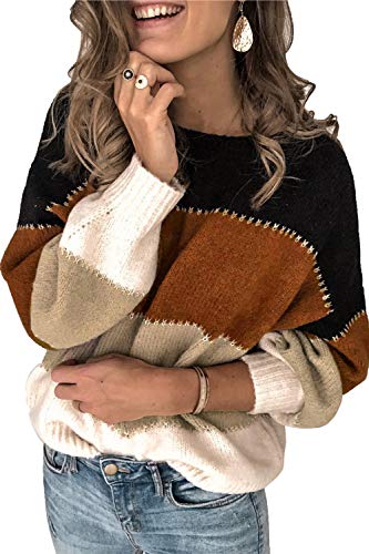 Ancapelion Damen Grobstrick Pullover Casual Stricken Sweater Lange Ärmel Pulli Farbblock Sweatshirt Elegant Jumper Rundhals Lose Oberteile Herbst Winter Outwear für Frauen,A-schwarz,S von ANCAPELION