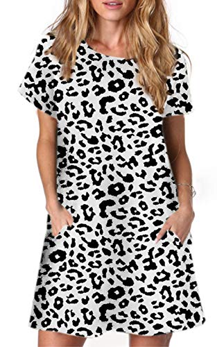 ANCAPELION Damen Kurzarm T-Shirt Kleid Freizeitkleid A-Linie Minikleid Kurz Sommerkleid Lose Tunika Rundhals Langes Shirt Leopard S von ANCAPELION