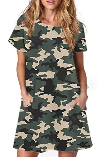 ANCAPELION Damen Kurzarm T-Shirt Kleid Freizeitkleid A-Linie Minikleid Kurz Sommerkleid Lose Tunika Rundhals Langes Shirt Tarnung S von ANCAPELION