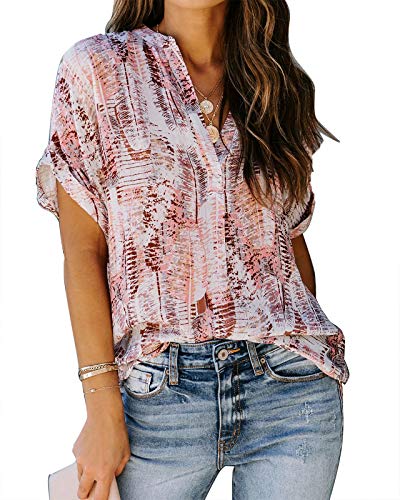 ANCAPELION Damen Sommer Bluse Fashion Tuniken Hemd Kurzarm Shirt Casual Oberteile Lose Fit Top V-Ausschnitt Tunika für Frauen Pink M ANCAPELION Damen Sommer Bluse Fashion Tuniken Hemd Kurzarm Shirt Casual Oberteile Lose Fit Top V-Ausschnitt Tunika für Frauen Pink M von ANCAPELION