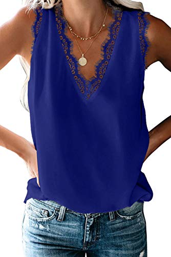 ANCAPELION Damen Sommer Weste Top Ärmellose Oberteile Chiffon Tank Tops Lace Shirt V-Ausschnitt Casual Lose Bluse für Frauen Blau S von ANCAPELION