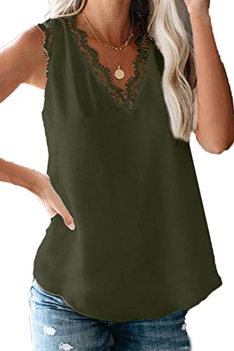 ANCAPELION Damen Sommer Weste Top Ärmellose Oberteile Chiffon Tank Tops Lace Shirt V-Ausschnitt Casual Lose Bluse für Frauen Grün S von ANCAPELION