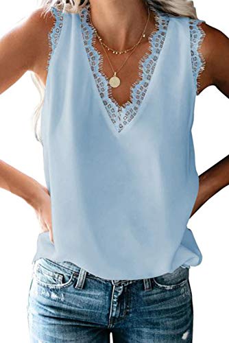 ANCAPELION Damen Sommer Weste Top Ärmellose Oberteile Chiffon Tank Tops Lace Shirt V-Ausschnitt Casual Lose Bluse für Frauen Himmelblau S von ANCAPELION