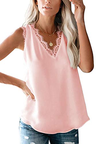 ANCAPELION Damen Sommer Weste Top Ärmellose Oberteile Chiffon Tank Tops Lace Shirt V-Ausschnitt Casual Lose Bluse für Frauen Rosa M von ANCAPELION