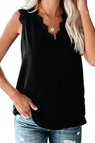 ANCAPELION Damen Sommer Weste Top Ärmellose Oberteile Chiffon Tank Tops Lace Shirt V-Ausschnitt Casual Lose Bluse für Frauen Schwarz L von ANCAPELION