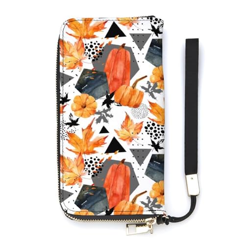 Anceky Damen-Geldbörse, Herbst-Aquarell-Hintergrund mit Blättern und Kürbis, Kartenhalter, Clutch, stilvolle Ledergeldbörse mit Handgelenksschlaufe von Anceky