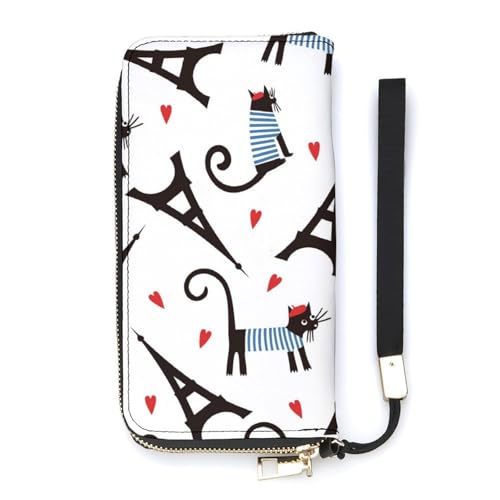 Anceky Damen-Geldbörse mit Eiffelturm und Katzen, Kartenhalter, Clutch, stilvolle Ledergeldbörse mit Handgelenksschlaufe von Anceky