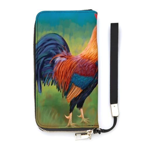 Anceky Damen-Geldbörse mit Hahn- und Hühner-Ölgemälde, Kartenhalter, Clutch, stilvolle Ledergeldbörse mit Handgelenksschlaufe von Anceky