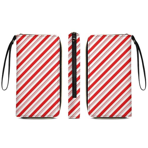 Anceky Damen-Geldbörsen aus PU-Leder, Weihnachts-Kreditkartenetui mit roten Zuckerstangenstreifen, Lange Geldbörse mit Reißverschluss, wasserdicht, Karten-Organizer mit großer Kapazität von Anceky