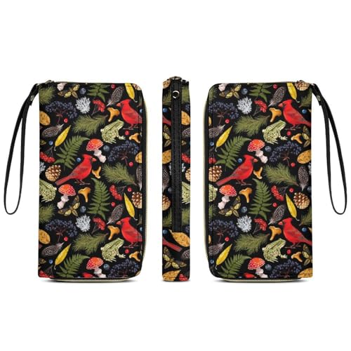 Anceky Geldbörse aus PU-Leder für Damen, Reise-Kreditkartenetui, Weihnachts-Roter Vogel, Herbstblätter, Frosch, Pilz, Reißverschluss, Lange Geldbörse, wasserdichte Geldbörse mit Handschlaufe von Anceky