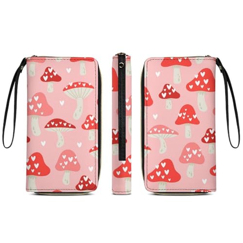Anceky Geldbörse aus PU-Leder für Damen, wasserdicht, Kartenhalter, Organizer, Geldbörse, süßes Pilz-Liebesherz, Valentinstag, Reise, Lange Clutch mit Reißverschluss von Anceky