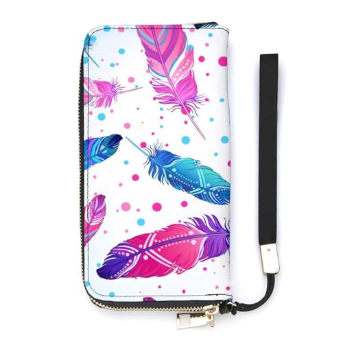 Anceky Geldbörse für Damen, Bunte Federdrucke, Kartenhalter, Clutch, stilvolle Ledergeldbörse mit Handschlaufe, Lange Damengeldbörse als Geschenk von Anceky