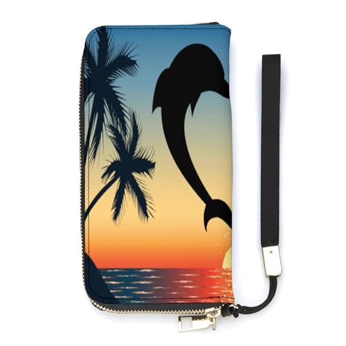 Anceky Geldbörse für Damen, Herzform, Cleverer Delfin, Kartenhalter, Clutch, stilvolle Ledergeldbörse mit Handschlaufe, Lange Damengeldbörse als Geschenk von Anceky