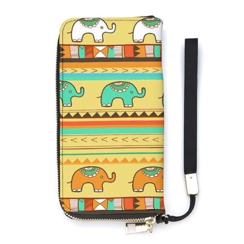 Anceky Geldbörse für Damen, Tribal-Textur mit Elefanten, Kartenhalter, Clutch, stilvolle Ledergeldbörse mit Handschlaufe, Lange Damengeldbörse als Geschenk von Anceky