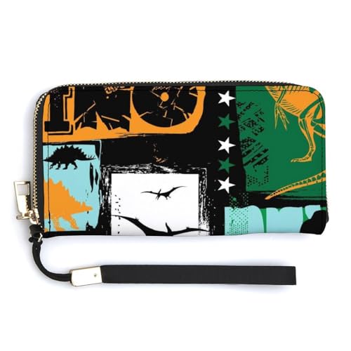 Anceky Geldbörsen für Damen, Cartoon-Dinosaurier-Muster, Lange Damen-Geldbörse mit Handgelenkschlaufe, PU-Leder, großes Fassungsvermögen, Etui für mehrere Karten von Anceky