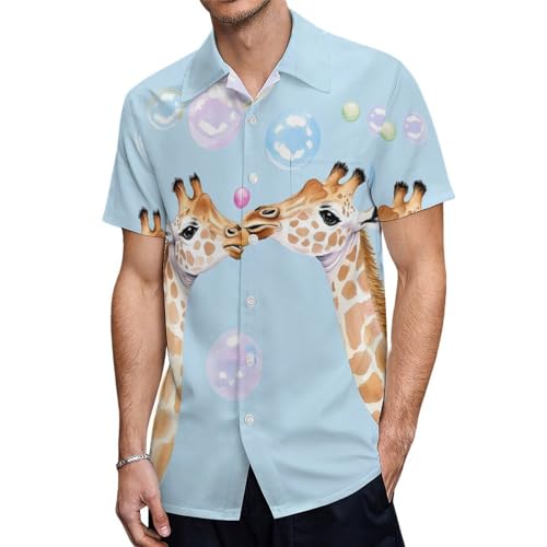 Anceky Giraffen Blasen Seifenblasen Herren Kurzarm Button-Down-Hemden Lässiges Hawaiihemd Sommerbluse mit Tasche von Anceky