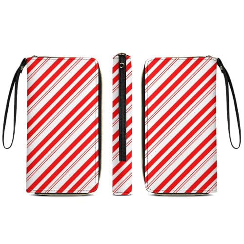 Anceky Große Geldbörse für Damen, Lange Reise-Geldbörse aus PU-Leder, rot-weiß gestreift, Weihnachts-Zuckerstangen-Design, Kreditkartenetui mit Reißverschluss und Mehreren Kartenfächern von Anceky