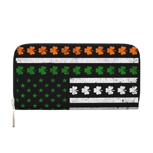 Anceky Irische amerikanische Flagge, grünes Kleeblatt, Geschenke zum St. Patrick's Day, PU-Leder-Geldbörse für Damen und Herren, Kreditkarten-Geldbörse, Lange Clutch, Geldbörse mit Reißverschluss von Anceky