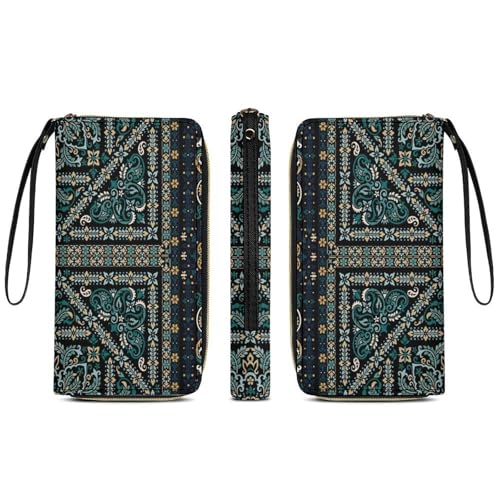 Anceky Lange Geldbörse aus PU-Leder für Damen, Reise-Kreditkartenetui mit Reißverschluss, Boho-Vintage-Paisley-Bandana-Print, Karten-Organizer-Geldbörse mit Mehreren Kartenfächern von Anceky