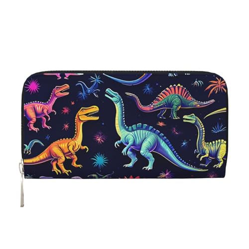 Anceky Regenbogen-Neon-Dinosaurier-Geldbörsen, PU-Leder, für Damen und Herren, mit Reißverschluss, Kreditkartenetui, Lange Clutch von Anceky