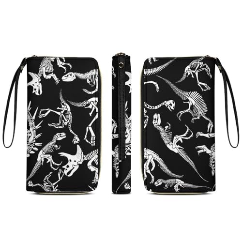 Anceky Reise-Kreditkartenetui für Damen, schmales Kartenetui aus PU-Leder, Dinosaurier-Totenkopf-Skelett, Schwarze Lange Geldbörse mit Handschlaufe von Anceky