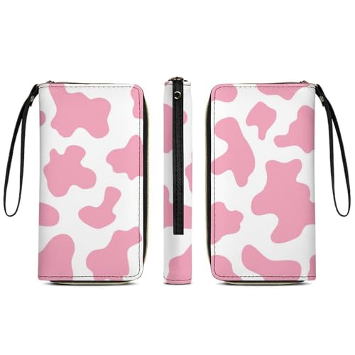 Anceky Schlanke Geldbörse mit großem Fassungsvermögen für Damen, wasserdicht, Lange Reise-Geldbörse, süßes rosa Kreditkartenetui mit Kuh-Print und Mehreren Kartenfächern von Anceky