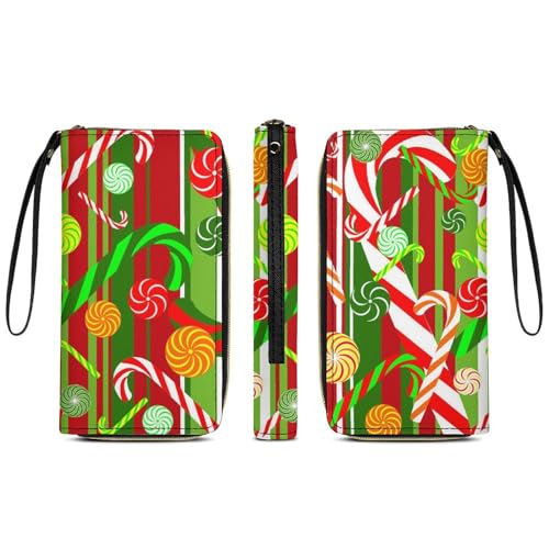 Anceky Schlanke Reisebrieftasche für Damen, Kreditkartenetui mit großer Kapazität, Weihnachts-Rot-Grün, süße Zuckerstangen-Geldbörse, wasserdichte Lange Brieftasche aus Pu-Leder von Anceky